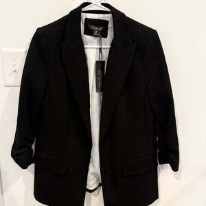 Rachel Zoe NWT Black Ruched 3/4 Sleeve Open Front Blazer